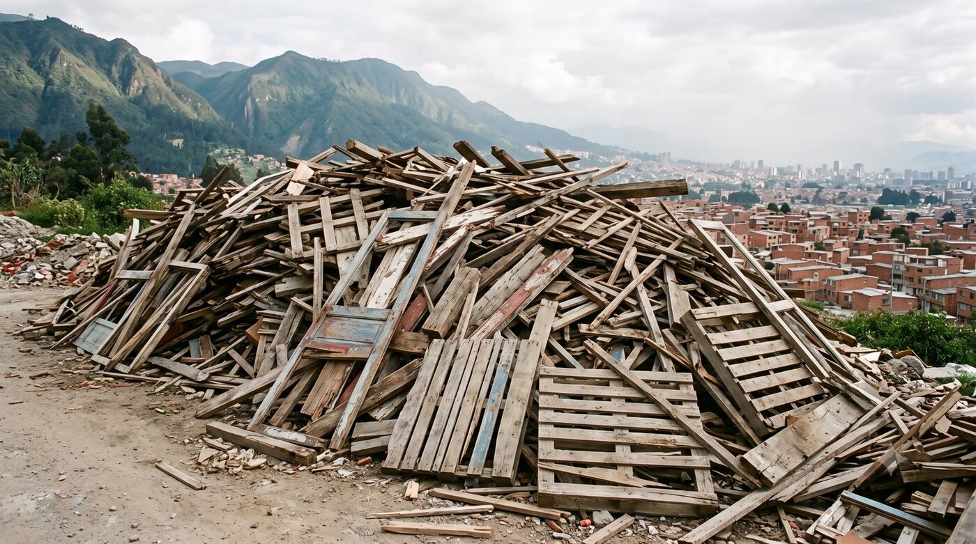 Holz aus Bau, Handwerk und Abbruch — deponiert am Rand von Bogotá.